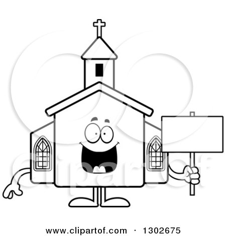 Lineart Clipart of a Cartoon Black and White Happy Church Building Character Holding a Blank Sign - Royalty Free Outline Vector Illustration by Cory Thoman