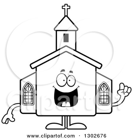 Lineart Clipart of a Cartoon Black and White Happy Smart Church Building Character with an Idea - Royalty Free Outline Vector Illustration by Cory Thoman