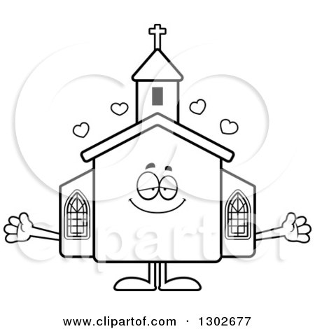 Lineart Clipart of a Cartoon Black and White Loving Welcoming Church Building Character with Open Arms and Hearts - Royalty Free Outline Vector Illustration by Cory Thoman