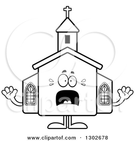 Lineart Clipart of a Cartoon Black and White Scared Church Building Character Screaming - Royalty Free Outline Vector Illustration by Cory Thoman