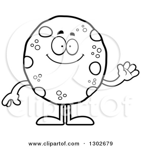 Lineart Clipart of a Cartoon Black and White Happy Friendly Chocolate Chip Cookie Character Waving - Royalty Free Outline Vector Illustration by Cory Thoman