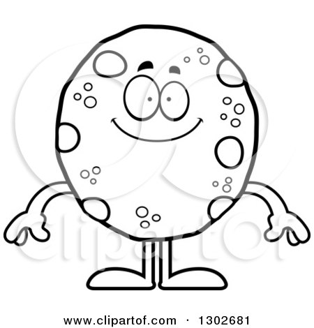 Lineart Clipart of a Cartoon Black and White Happy Chocolate Chip Cookie Character Smiling - Royalty Free Outline Vector Illustration by Cory Thoman