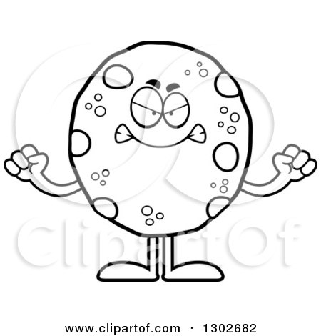 Lineart Clipart of a Cartoon Black and White Mad Chocolate Chip Cookie Character Holding up Fists - Royalty Free Outline Vector Illustration by Cory Thoman