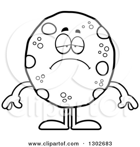 Lineart Clipart of a Cartoon Black and White Sad Depressed Chocolate Chip Cookie Character Pouting - Royalty Free Outline Vector Illustration by Cory Thoman