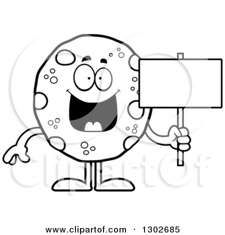 Lineart Clipart of a Cartoon Black and White Happy Chocolate Chip Cookie Character Holding a Blank Sign - Royalty Free Outline Vector Illustration by Cory Thoman