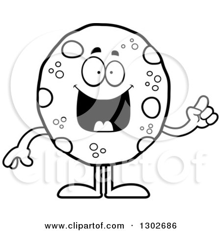 Lineart Clipart of a Cartoon Black and White Smart Chocolate Chip Cookie Character with an Idea - Royalty Free Outline Vector Illustration by Cory Thoman