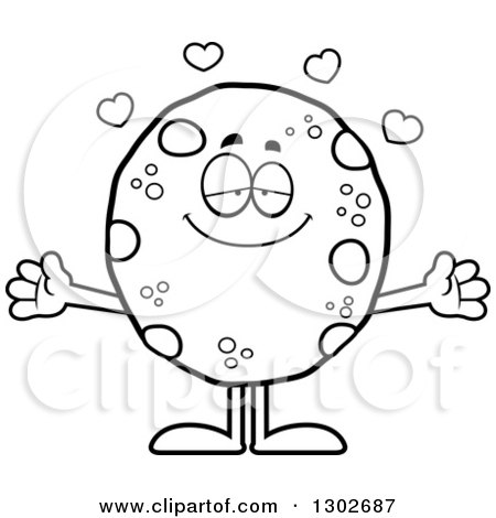 Lineart Clipart of a Cartoon Black and White Loving Chocolate Chip Cookie Character with Open Arms and Hearts - Royalty Free Outline Vector Illustration by Cory Thoman