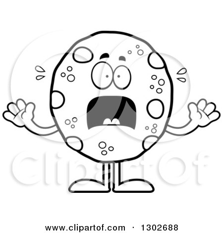 Lineart Clipart of a Cartoon Black and White Scared Chocolate Chip Cookie Character Screaming - Royalty Free Outline Vector Illustration by Cory Thoman