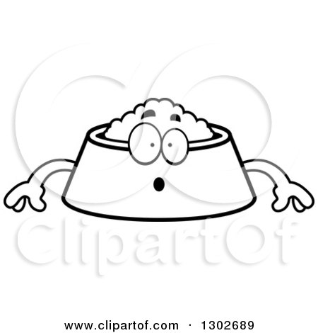 Lineart Clipart of a Cartoon Black and White Surprised Pet Food Bowl Dish Character Gasping - Royalty Free Outline Vector Illustration by Cory Thoman