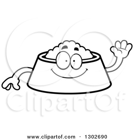 Lineart Clipart of a Cartoon Black and White Friendly Pet Food Bowl Dish Character Waving - Royalty Free Outline Vector Illustration by Cory Thoman