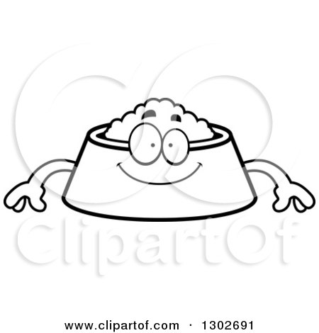 Lineart Clipart of a Cartoon Black and White Happy Pet Food Bowl Dish Character Smiling - Royalty Free Outline Vector Illustration by Cory Thoman