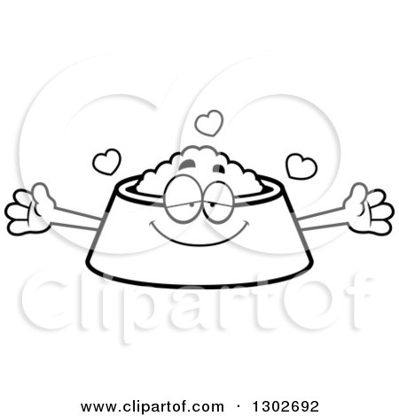Lineart Clipart of a Cartoon Black and White Loving Pet Food Bowl Dish Character with Open Arms and Hearts - Royalty Free Outline Vector Illustration by Cory Thoman
