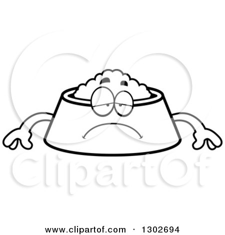 Lineart Clipart of a Cartoon Black and White Sad Depressed Pet Food Bowl Dish Character Pouting - Royalty Free Outline Vector Illustration by Cory Thoman