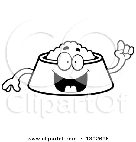 Lineart Clipart of a Cartoon Black and White Smart Pet Food Bowl Dish Character with an Idea - Royalty Free Outline Vector Illustration by Cory Thoman