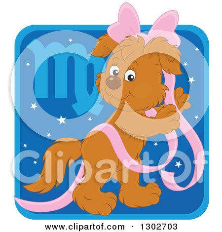 Clipart of a Virgo Astrology Zodiac Puppy Dog with a Pink Bow and Ribbon Icon - Royalty Free Vector Illustration by Alex Bannykh