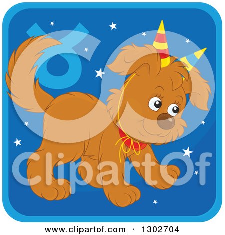Clipart of a Taurus Astrology Zodiac Puppy Dog Wearing Two Party Hats like Horns Icon - Royalty Free Vector Illustration by Alex Bannykh