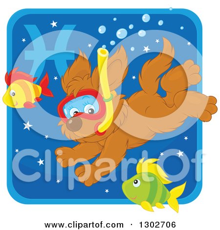 Clipart of a Swimming Snorkeling Pisces Astrology Zodiac Puppy Dog Icon - Royalty Free Vector Illustration by Alex Bannykh