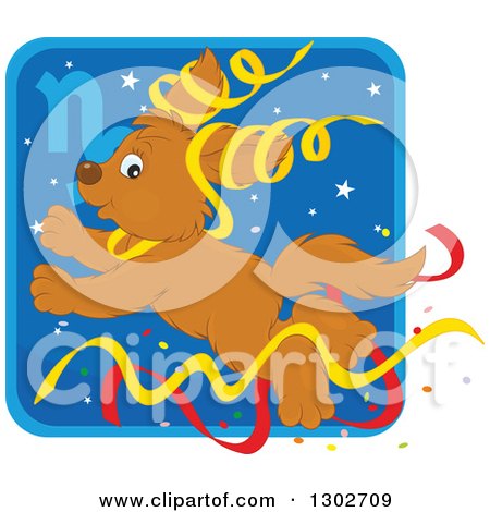 Clipart of a Jumping Capricorn Astrology Zodiac Puppy Dog with Ribbons Icon - Royalty Free Vector Illustration by Alex Bannykh
