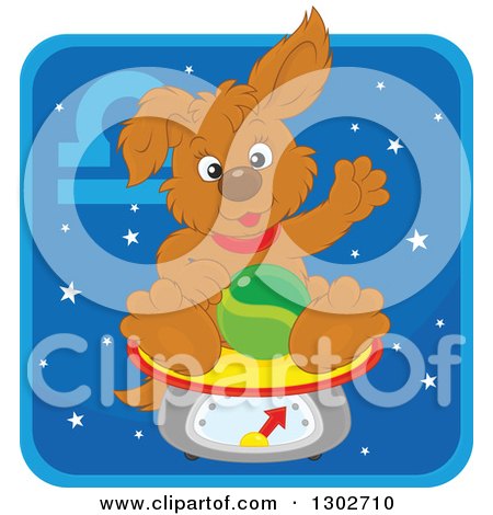 Clipart of a Libra Astrology Zodiac Puppy Dog Sitting on a Scale Icon - Royalty Free Vector Illustration by Alex Bannykh