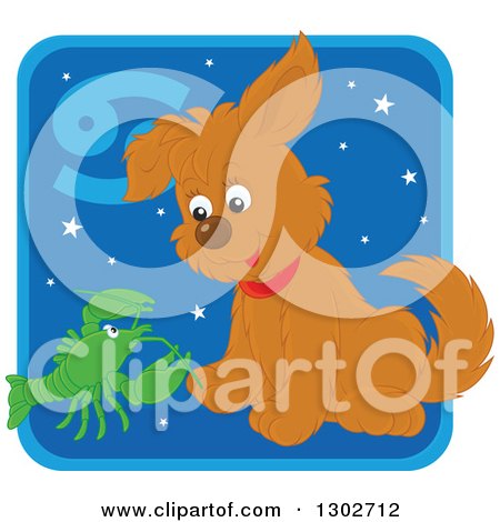 Clipart of a Cancer Astrology Zodiac Puppy Dog with a Crab or Crawdad Icon - Royalty Free Vector Illustration by Alex Bannykh