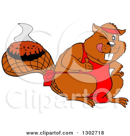Clipart of a Cartoon Beaver Chef in an Apron, Coking a Hamburger Patty on His Tail, Giving a Thumb up and Winking - Royalty Free Vector Illustration by LaffToon
