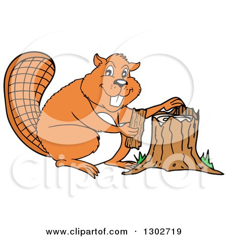 Clipart of a Cartoon Beaver Pulling Bark off of a Tree Stump - Royalty Free Vector Illustration by LaffToon
