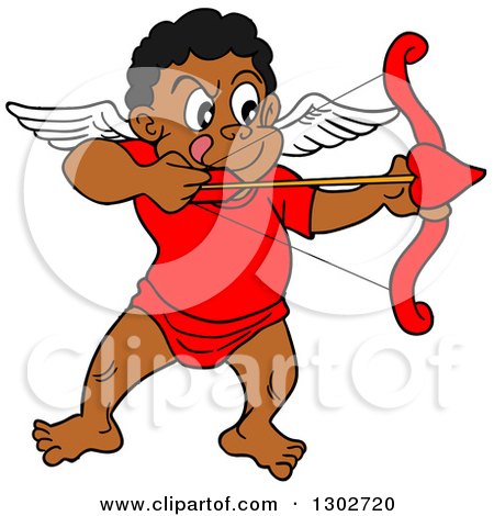 Clipart of a Cartoon Black Cupid Aiming His Arrow - Royalty Free Vector Illustration by LaffToon