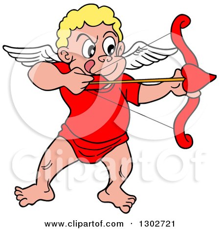 Clipart of a Cartoon Blond White Cupid Aiming His Arrow - Royalty Free Vector Illustration by LaffToon