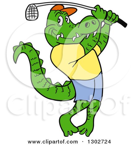 Clipart of a Cartoon Alligator Wearing Clothes and Swinging a Golf Club - Royalty Free Vector Illustration by LaffToon