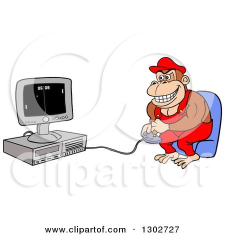 Clipart of a Cartoon Monkey Gamer in Red Overalls, Sitting in a Chair and Playing on a Computer - Royalty Free Vector Illustration by LaffToon