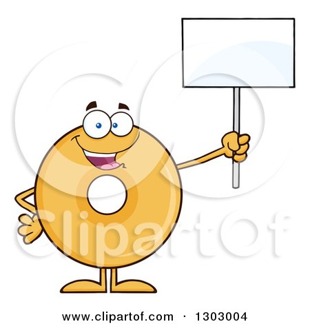 Clipart of a Cartoon Happy Round Glazed or Plain Donut Character Holding up a Blank Sign - Royalty Free Vector Illustration by Hit Toon
