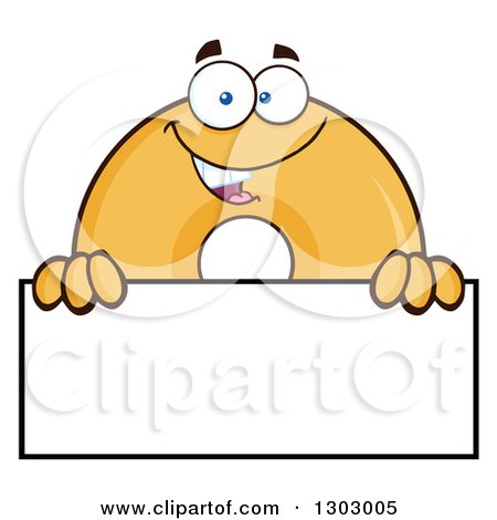 Clipart of a Cartoon Happy Round Glazed or Plain Donut Character Looking over a Blank Sign - Royalty Free Vector Illustration by Hit Toon