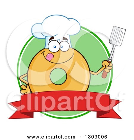 Clipart of a Cartoon Round Glazed or Plain Chef Donut Character Licking His Lips and Holding a Spatula over a Green Circle and Blank Red Banner - Royalty Free Vector Illustration by Hit Toon