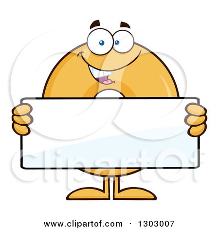 Clipart of a Cartoon Happy Round Glazed or Plain Donut Character Holding a Blank Sign - Royalty Free Vector Illustration by Hit Toon