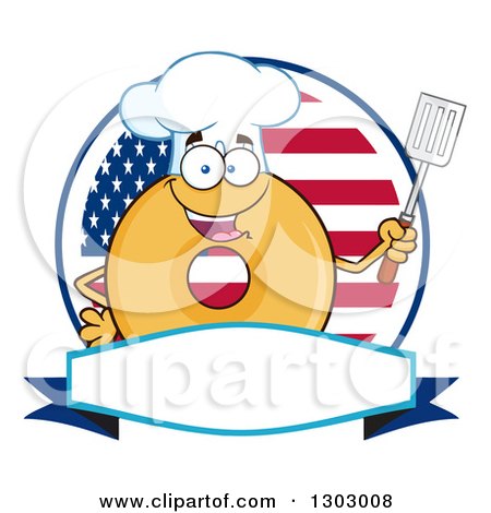 Clipart of a Cartoon Happy Glazed or Plain Chef Donut Character Holding a Spatula over an American Flag Circle and Blank Banner - Royalty Free Vector Illustration by Hit Toon
