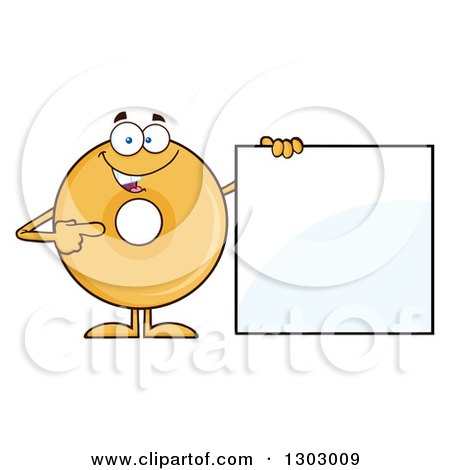 Clipart of a Cartoon Happy Round Glazed or Plain Donut Character Pointing to a Blank Sign - Royalty Free Vector Illustration by Hit Toon