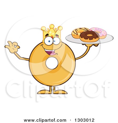 Clipart of a Cartoon Happy Round Glazed or Plain Donut King Character Gesturing Ok and Holding a Plate - Royalty Free Vector Illustration by Hit Toon