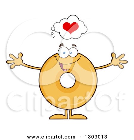 Clipart of a Cartoon Happy Round Glazed or Plain Donut Character with Open Arms, Thinking About Love - Royalty Free Vector Illustration by Hit Toon