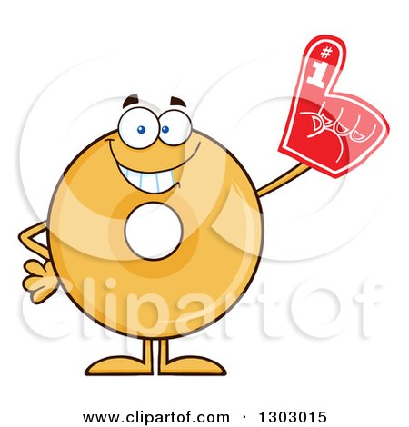 Clipart of a Cartoon Happy Round Glazed or Plain Donut Character Wearing a Foam Finger - Royalty Free Vector Illustration by Hit Toon