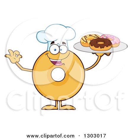 Clipart of a Cartoon Happy Round Glazed or Plain Chef Donut Character Gesturing Ok and Holding a Plate with Sweets - Royalty Free Vector Illustration by Hit Toon
