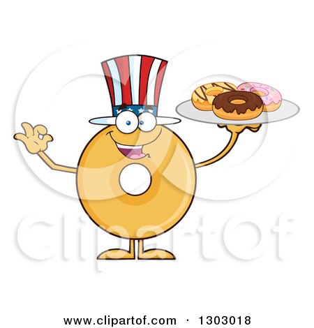 Clipart of a Cartoon Happy Round Glazed or Plain American Donut Character Gesturing Ok and Holding a Plate - Royalty Free Vector Illustration by Hit Toon