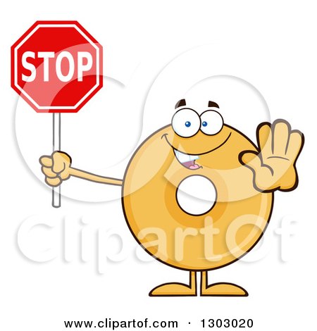 Clipart of a Cartoon Happy Round Glazed or Plain Donut Character Gesturing and Holding a Stop Sign - Royalty Free Vector Illustration by Hit Toon