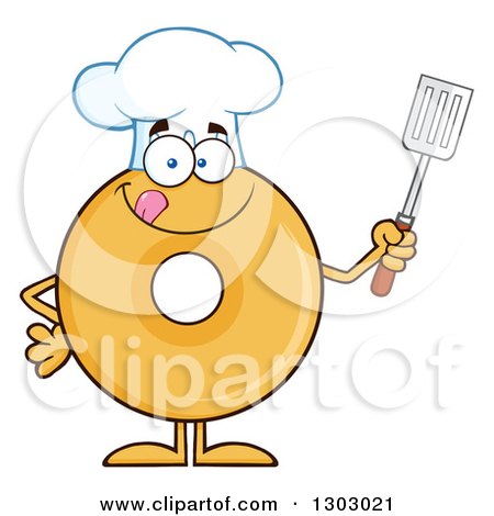 Clipart of a Cartoon Round Glazed or Plain Chef Donut Character Licking His Lips and Holding a Spatula - Royalty Free Vector Illustration by Hit Toon