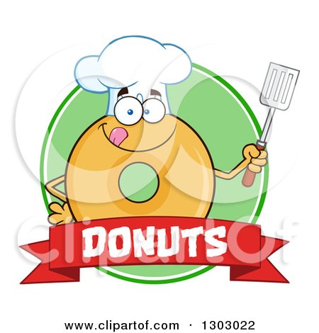 Clipart of a Cartoon Round Glazed or Plain Chef Donut Character Licking His Lips and Holding a Spatula over a Green Circle and Red Banner - Royalty Free Vector Illustration by Hit Toon