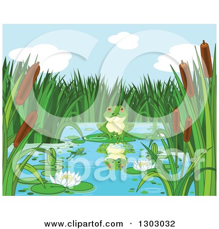 Clipart of a Cute Frog with a Reflection, Resting on a Lily Pad on a Pond - Royalty Free Vector Illustration by Pushkin