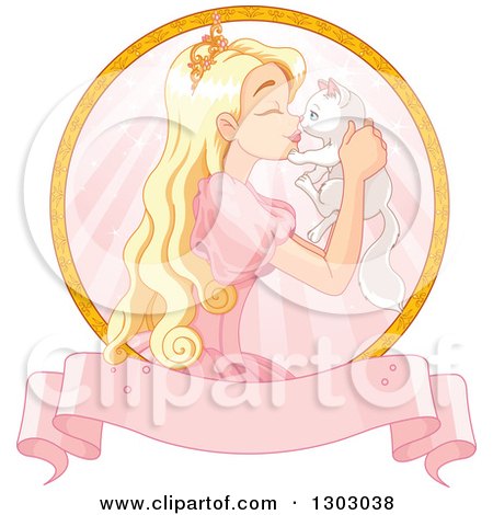 Clipart of a Blond Caucasian Princess Holding and Rubbing Noses with a White Kitten in a Circle over a Blank Pink Banner - Royalty Free Vector Illustration by Pushkin