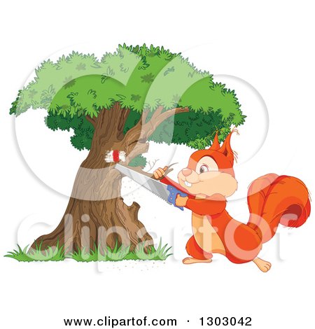 Clipart of a Happy Squirrel Cutting a Tree - Royalty Free Vector Illustration by Pushkin