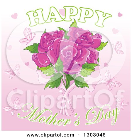 Clipart of a Happy Mothers Day Greeting with Pink Butterflies, Hearts and Roses with Sparkles - Royalty Free Vector Illustration by Pushkin