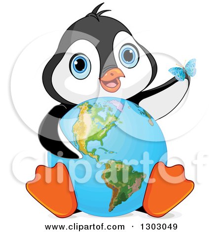 Clipart of a Cute Baby Penguin Sitting with an Earth Globe and a Blue Butterfly - Royalty Free Vector Illustration by Pushkin