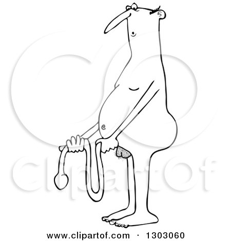 Lineart Clipart of a Cartoon Black and White Nude Man Holding a Two Foot Long Wiener - Royalty Free Outline Vector Illustration by djart